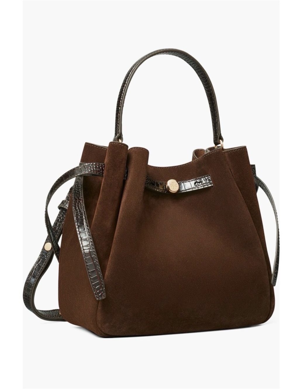 Tory Burch Brown Suede Bucket Bag with Croc-Embossed Trim